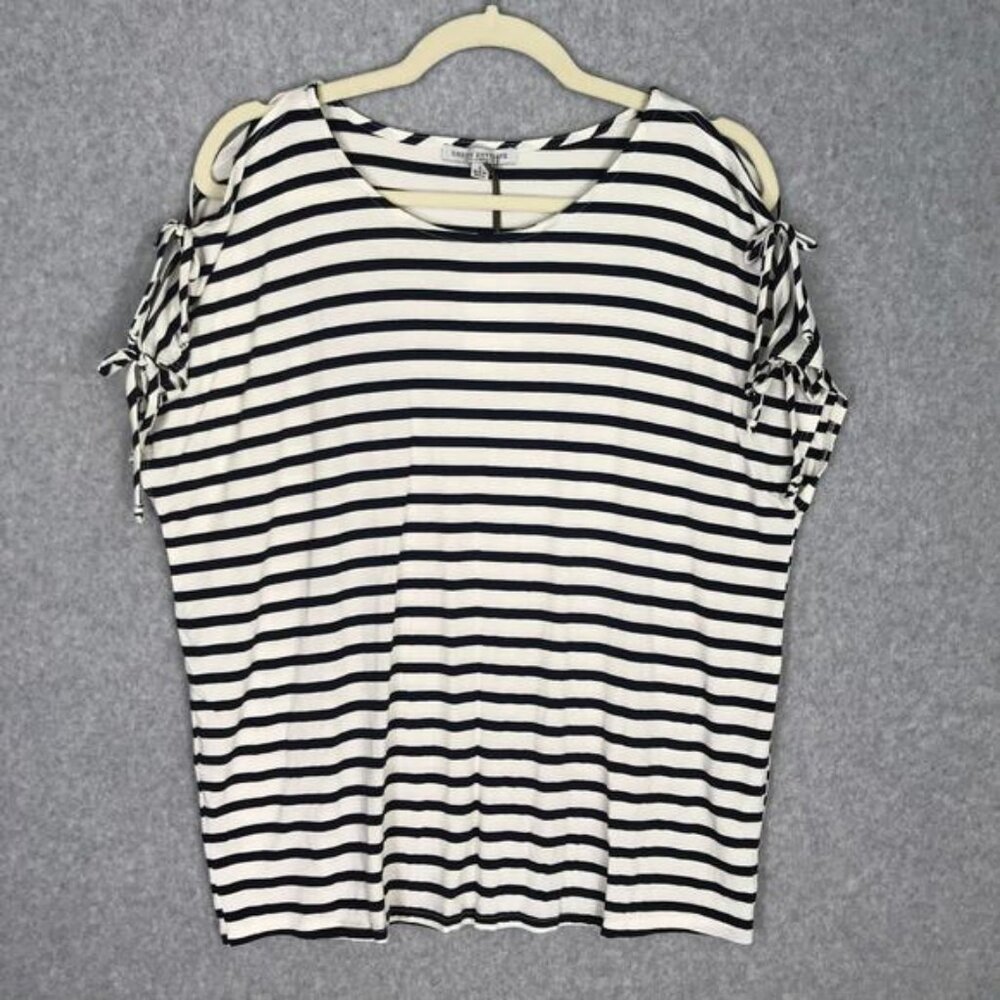 Green Envelope Shirt Large Blue White Striped Cold Shoulder Tie Soft Everyday